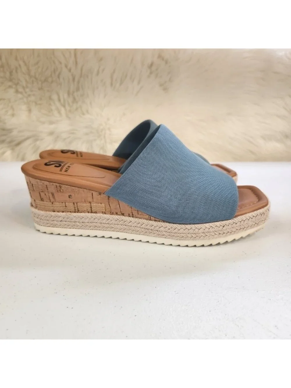 Steve Madden Blue Knit Slide Wedge Sandals Cork Espadrille Platform Shoes Size 9